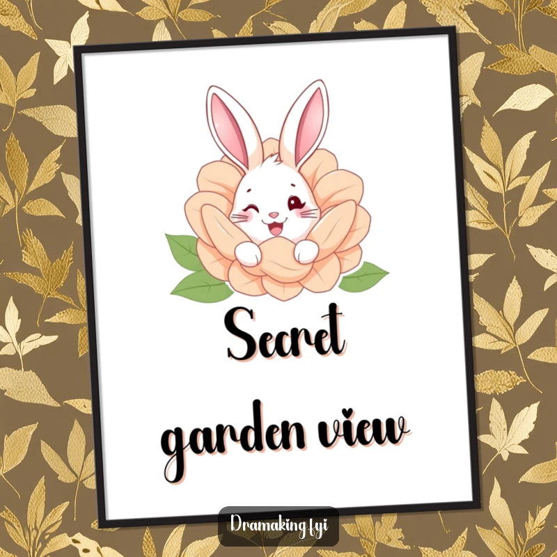 Funny poster of a happy rabbit with a twinkle, peeking from behind a giant flower, a charming garden scene.