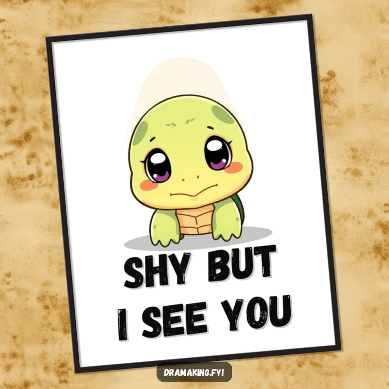 Funny shy turtle poster featuring a turtle peeking its head out with wide, expressive eyes under a spotlight, perfect art print.