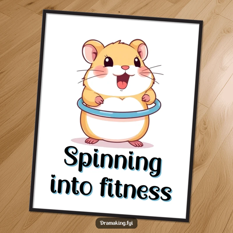 Funny poster of an excited hamster energetically spinning a miniature hula hoop, capturing a moment of pure joy.