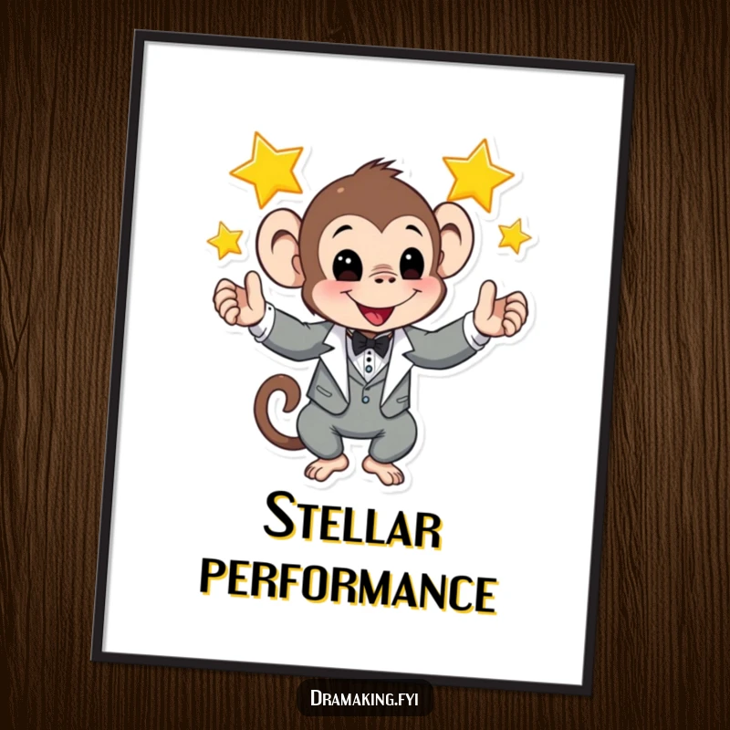 Funny poster capturing a monkey in a tuxedo juggling bright shining stars, a humorous and dazzling display of talent.