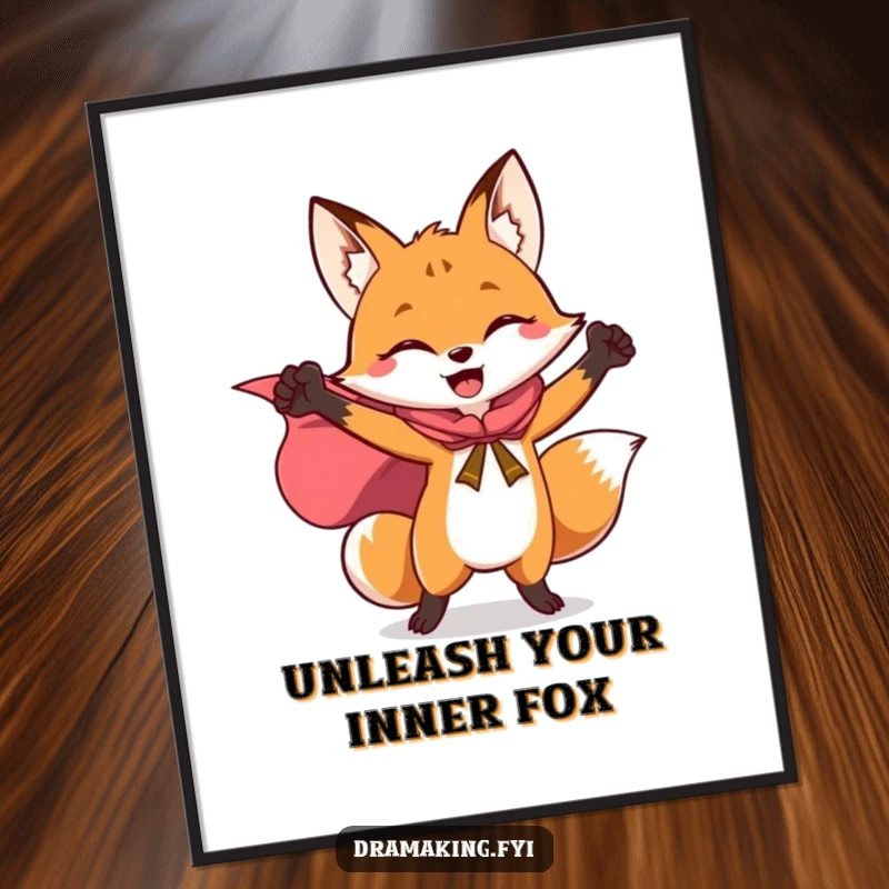 Funny poster art of a joyful fox in a flowing superhero cape, striking a triumphant pose, exuding heroic energy.