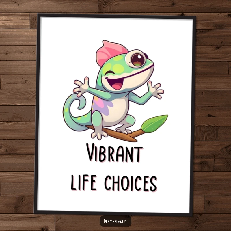 Funny Chameleon Poster: A cheerful chameleon striking a dramatic pose, joyfully changing colors, creating a humorous and vibrant art piece.