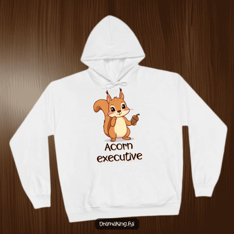 Funny squirrel hoodie depicting a majestic squirrel dramatically pointing an acorn like a scepter, embodying whimsical woodland royalty.