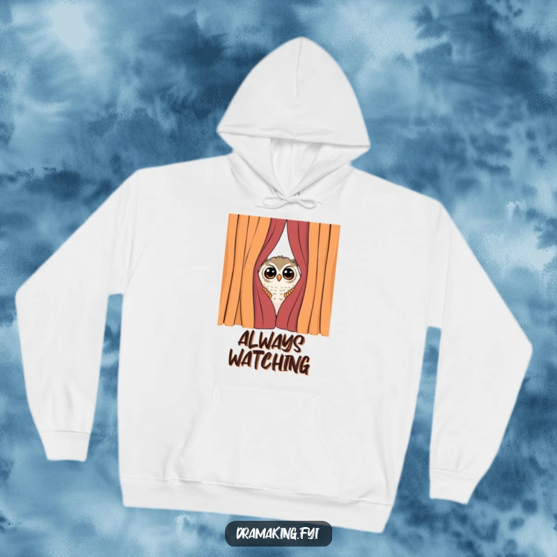 Funny Shy Owl Hoodie, depicting a curious owl peeking from behind a dramatic curtain, surprised by attention, offering cozy introverted humor.