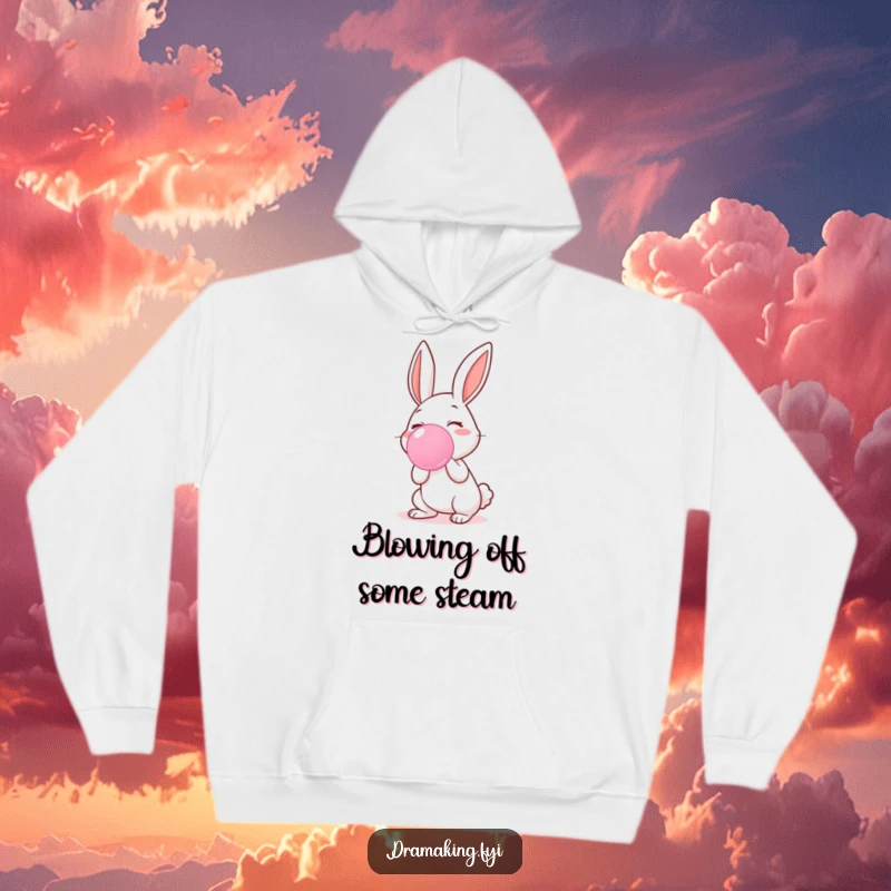 Funny hoodie with a happy rabbit character blowing a massive, iridescent bubblegum bubble, perfect for cozy, cheerful wear.