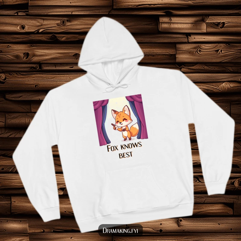 Funny Fox Stage Director Hoodie featuring a playful fox dramatically pointing towards an imaginary stage, perfect for funny, warm directorial moments.