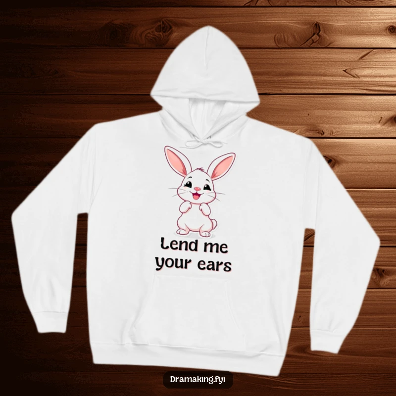 Funny dramatic rabbit hoodie, cheerful with oversized ears, striking a pose, comfortable and humorous apparel.