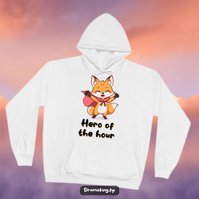 Funny hoodie with a triumphant fox striking a pose, its superhero cape flowing dramatically, offering warmth and humor.