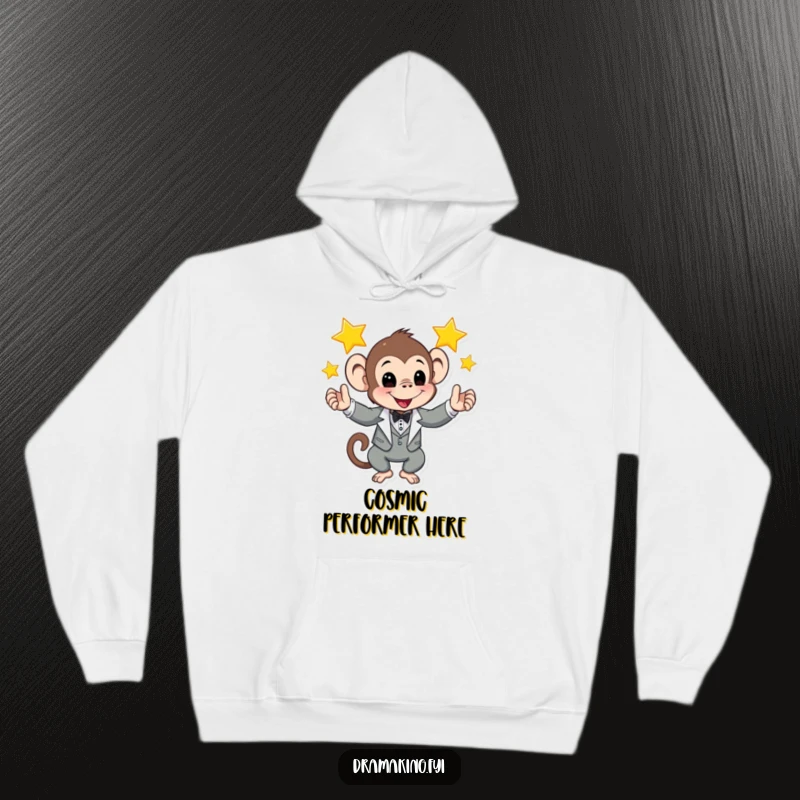 Funny hoodie showing a monkey in a tuxedo juggling glowing stars, ideal for cozy nights and entertaining humor.