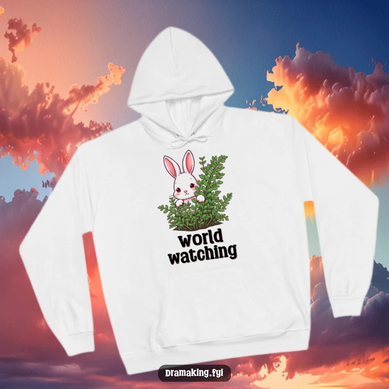 Funny rabbit peeking from behind a lush fern on a hoodie, offering cozy curiosity and a touch of humor.