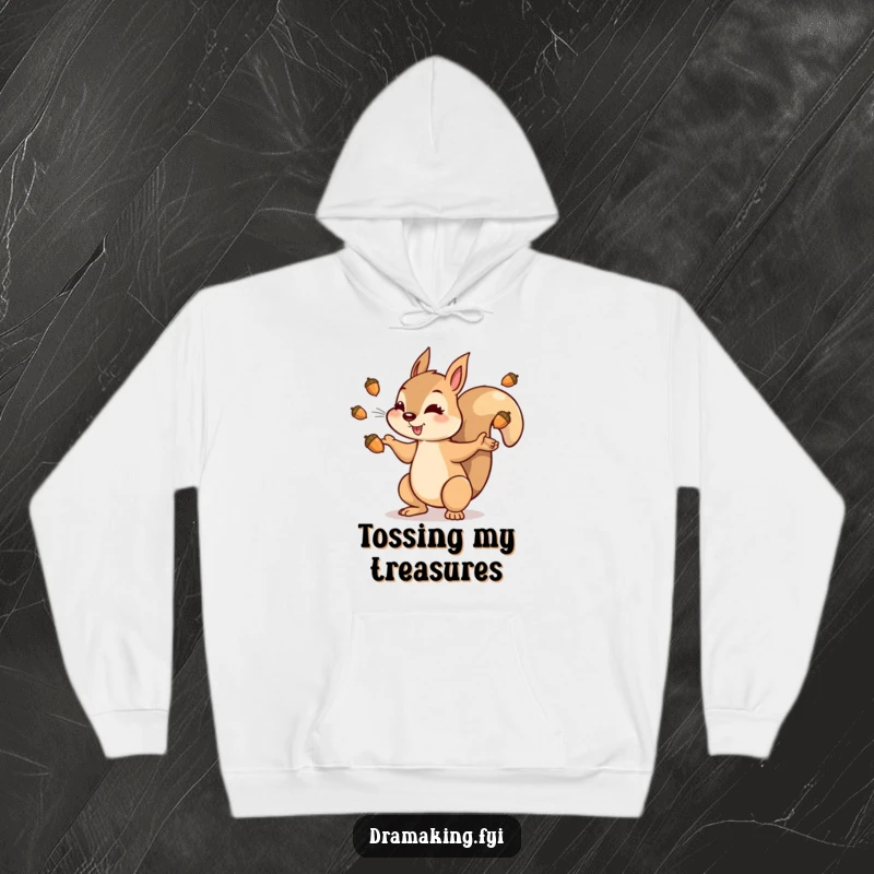 Funny squirrel hoodie featuring a dramatic character tossing acorns into the air, symbolizing preparation and cozy comfort.