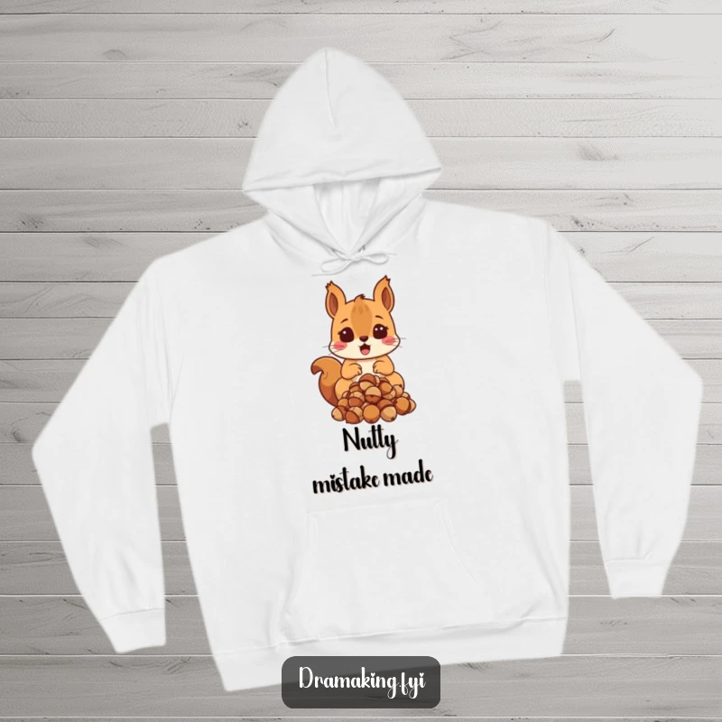 Funny Surprised Squirrel Hoodie featuring a shocked squirrel dropping acorns, perfect for funny, cozy moments of surprise.