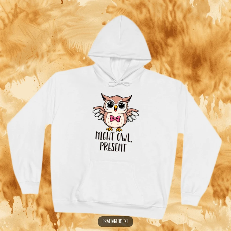 Funny hoodie featuring a triumphant owl in a bowtie, spreading its wings and hooting loudly, offering cozy wisdom.