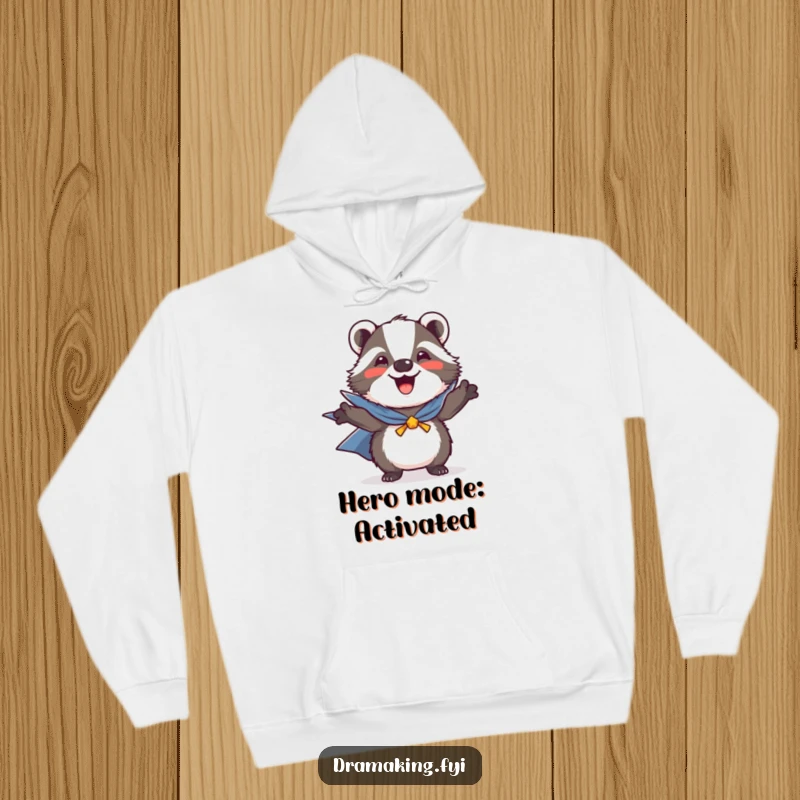 Funny hoodie showcasing a joyful badger in a superhero cape, striking a powerful and heroic stance for ultimate comfort.