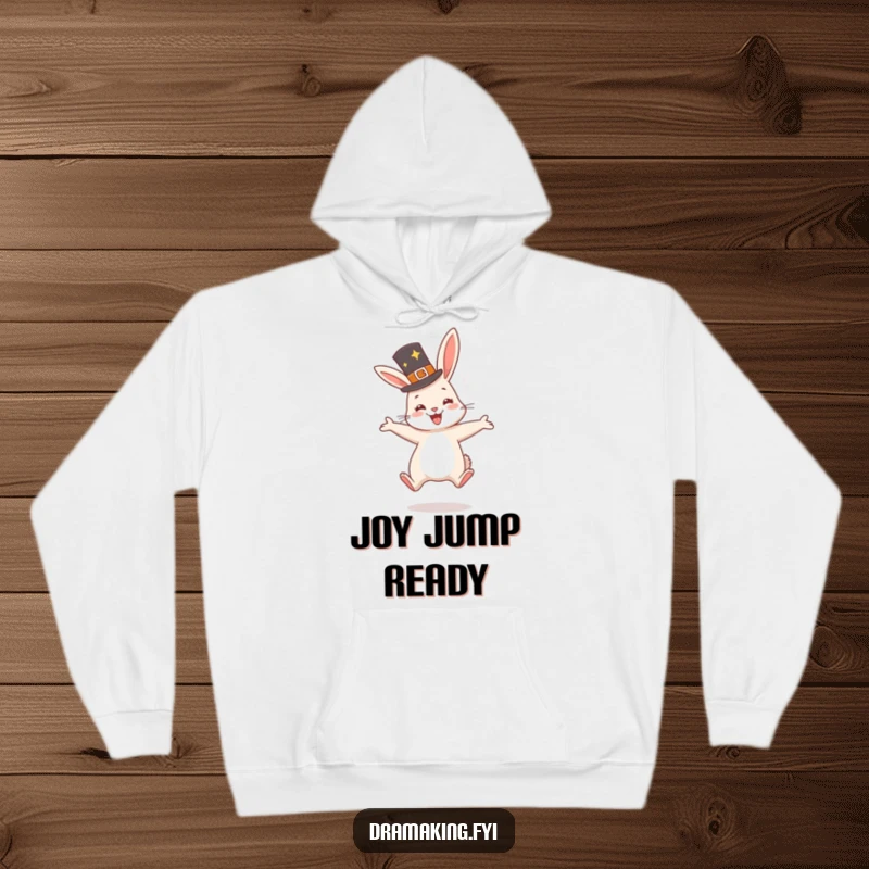 Funny Rabbit Hat Hoodie showing a very happy rabbit wearing a fancy hat, jumping with glee, cozy and cheerful.