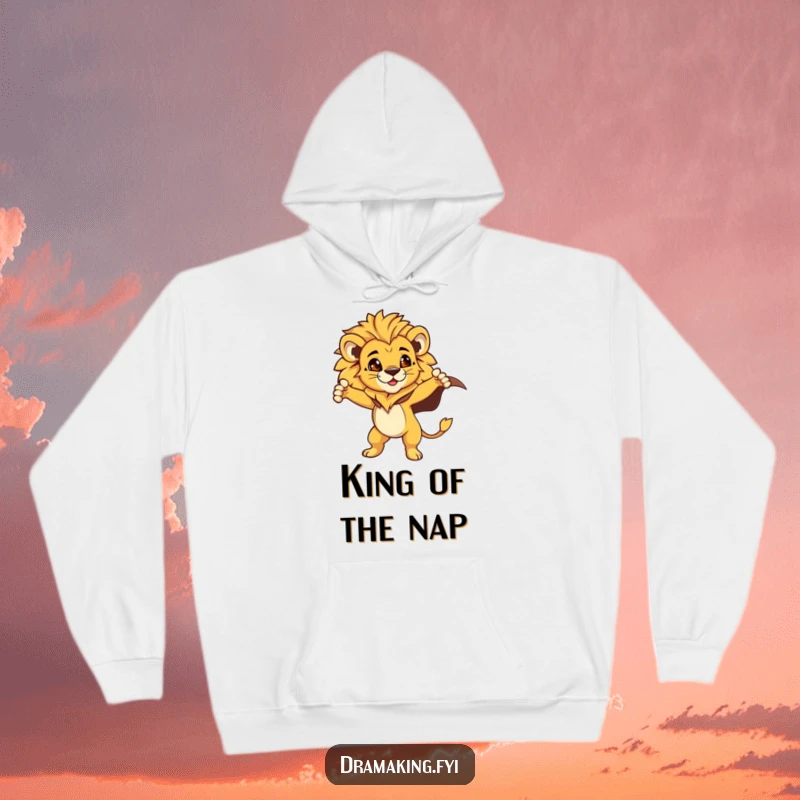 Funny Lion Cub Hoodie: A proud lion cub wearing a dramatic flowing cape, striking an epic pose, a super funny gift idea.