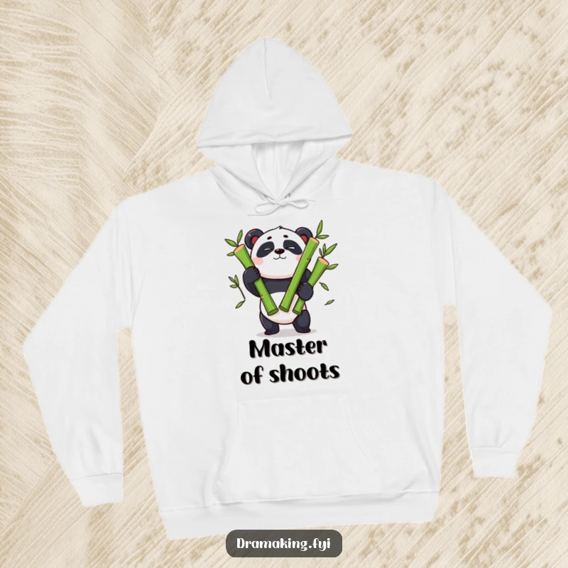Funny panda hoodie, theatrical wink, concentrating while juggling oversized bamboo shoots, warm and witty.