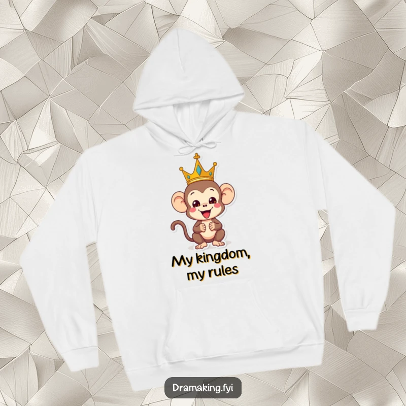 Funny monkey hoodie, showing a playful monkey wearing a crown and striking a regal yet silly pose, comfortable and humorous royal wear.