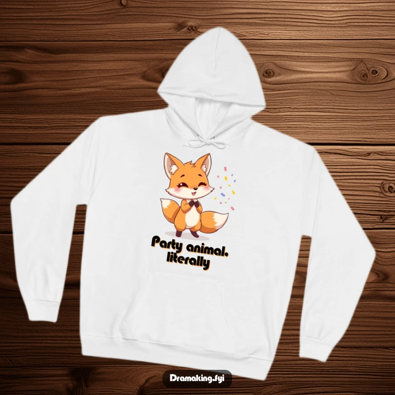 Funny fox hoodie, showing a cute fox dramatically throwing confetti and posing, comfortable and humorous celebration wear.