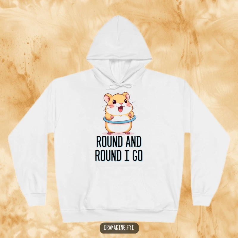 Funny hoodie featuring an excited hamster spinning a miniature hula hoop, promoting fun and fitness.