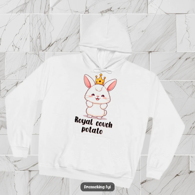 Funny Bunny King Hoodie featuring a fluffy bunny character wearing a tiny crown and striking a dramatic pose, for warmth.