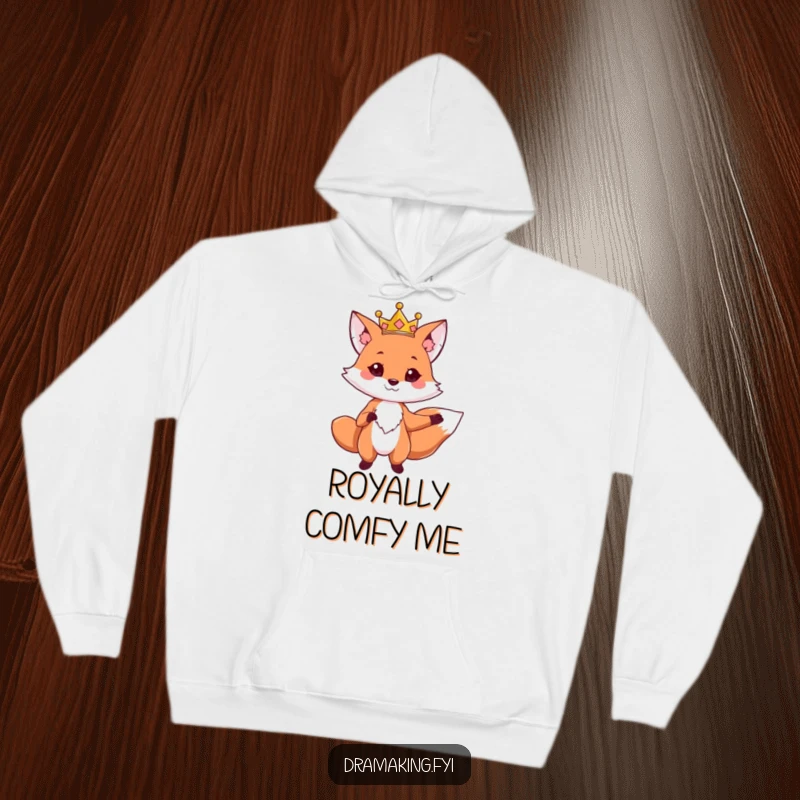Funny hoodie featuring a cute fox wearing a crown, striking a dramatic pose, looking majestic and cozy for lounging.
