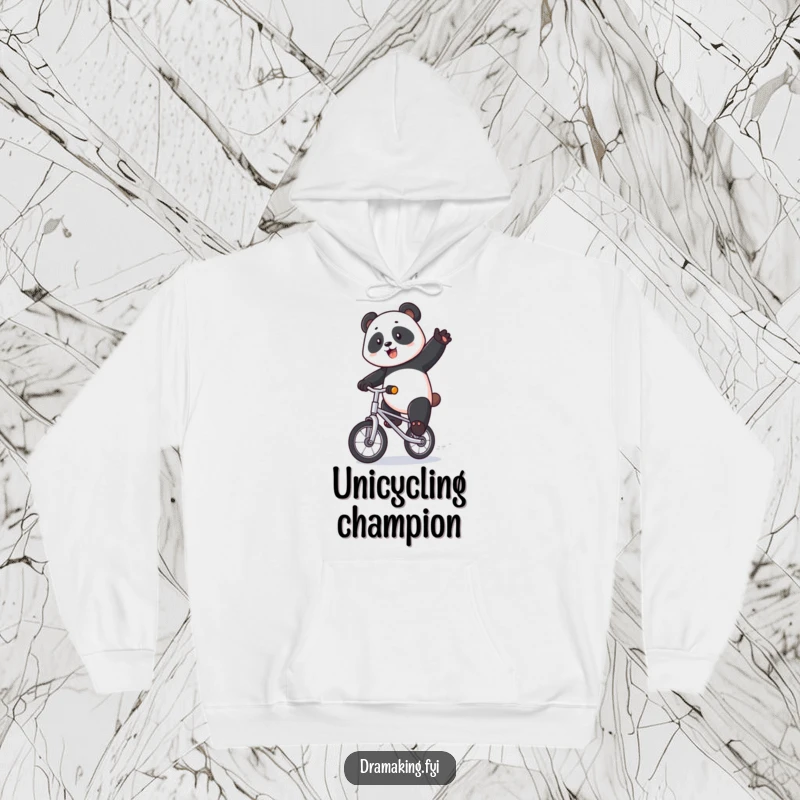 Funny panda hoodie showcasing a majestic panda riding a tiny unicycle with exaggerated flair and undeniable comedic charm.