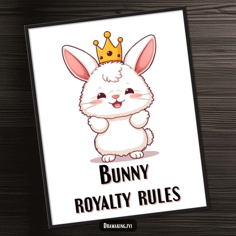 Funny Free Printable Wall Art of a fluffy bunny wearing a tiny crown, striking a dramatic pose, perfect for a regal and humorous touch.