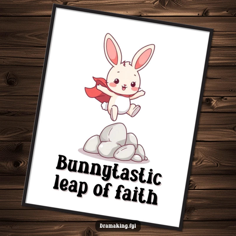 Funny Free Printable Wall Art: Playful bunny in a cape leaps over imaginary obstacles, embodying boundless energy and humor.