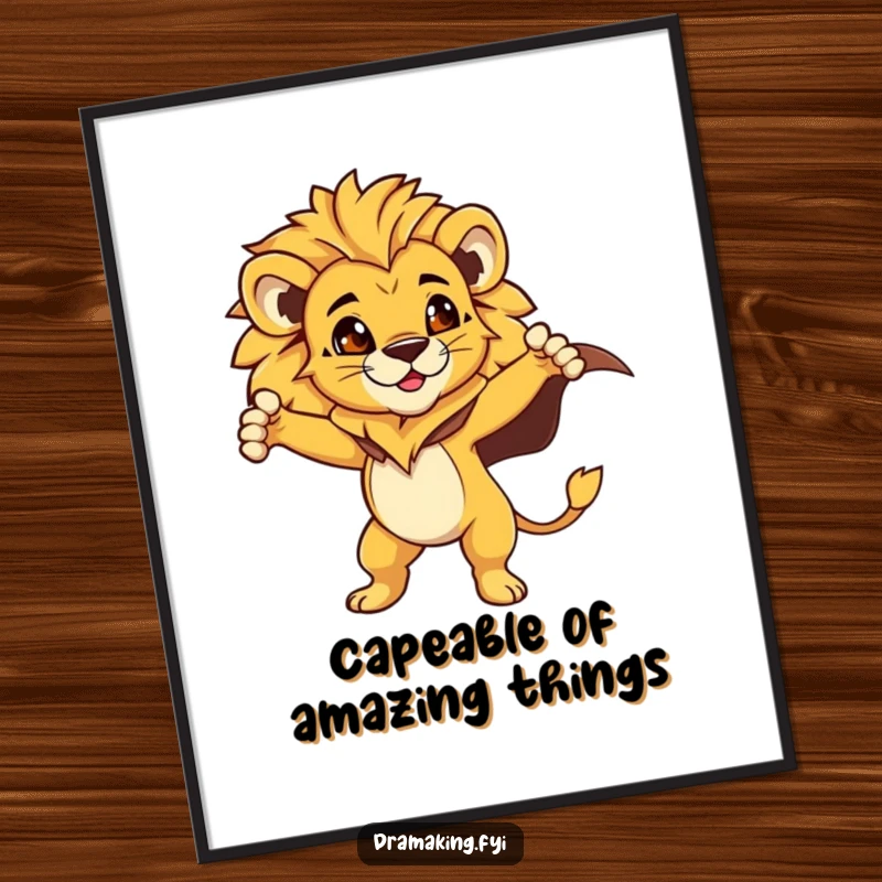 Funny Free Printable Wall Art of a proud lion cub character in a dramatic pose with a flowing cape, ready for action.