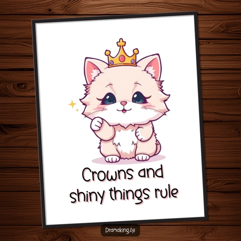 Funny Free Printable Wall Art: Cat wearing a crown dramatically points at a small sparkling object, royal downloadable.