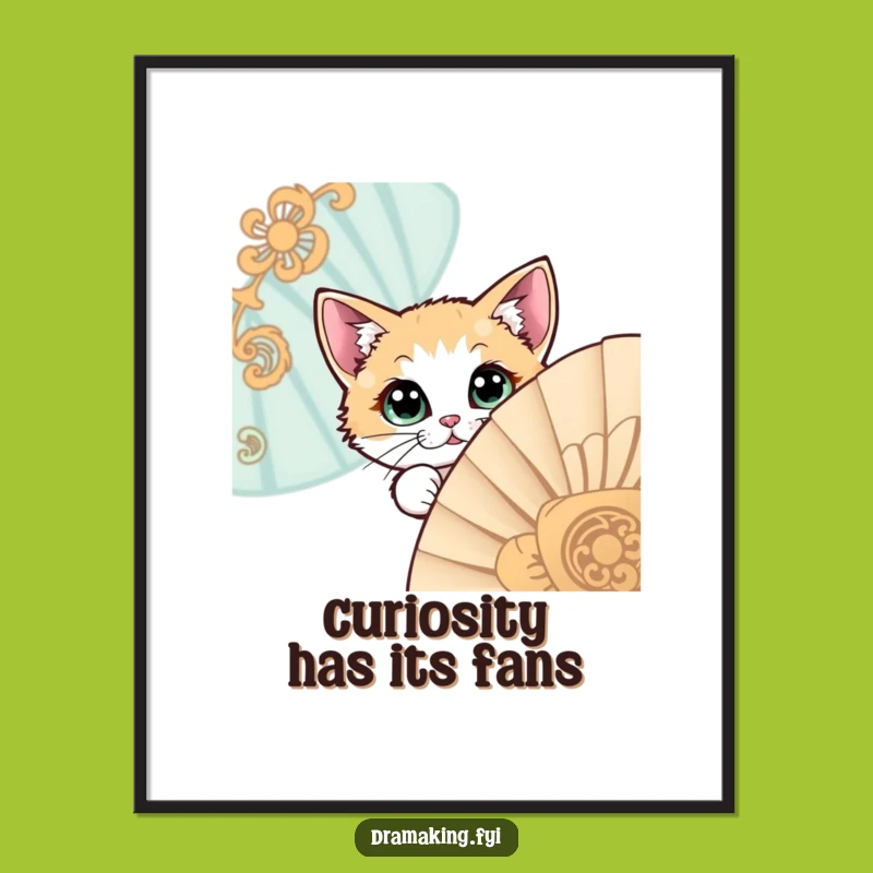 Funny Free Printable Wall Art: Cat Peeking Behind Fan, Quirky Downloadable Decor!