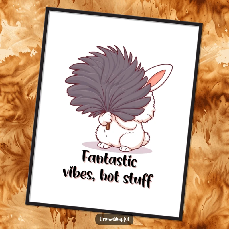 Funny Free Printable Wall Art: A fluffy bunny dramatically fanning itself with a large feather, looking overheated and fabulous.