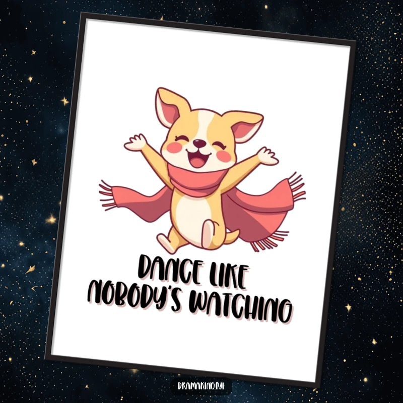 Funny Free Printable Wall Art: Scarf-clad dog in mid-air ballet pose, bringing joy and humor.