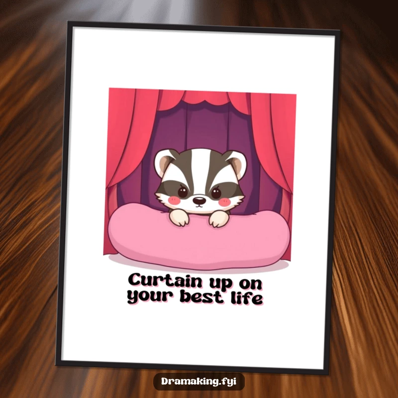 Funny free printable wall art: A shy badger character peeks from behind a giant plush cushion, poised for a moment in the spotlight.