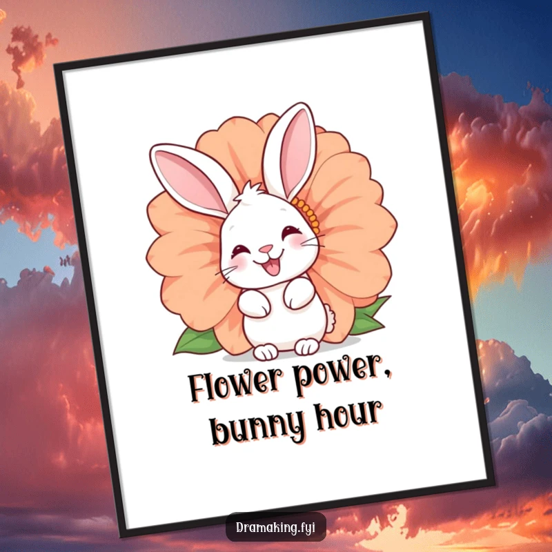 Funny Free Printable Wall Art: A happy rabbit with a playful twinkle peeking out from behind a massive, colorful flower.