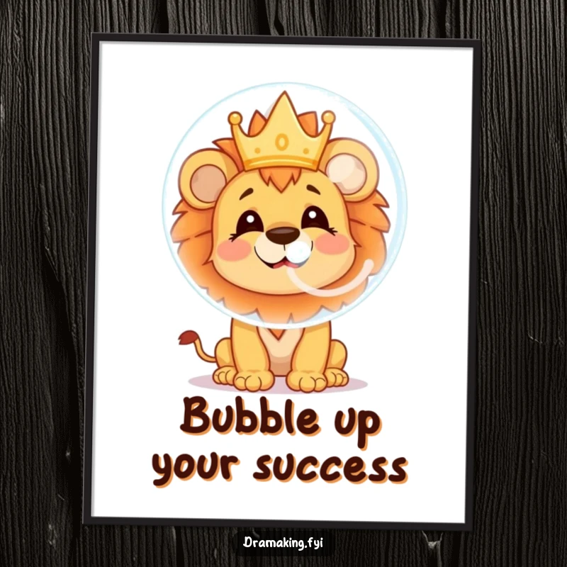 Funny Free Printable Wall Art: A cheerful lion cub blowing a large soap bubble reflecting a tiny crown, playful decor.