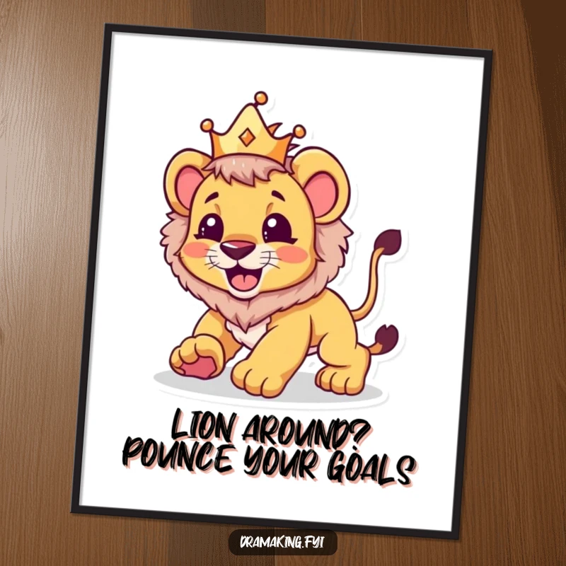 Funny Free Printable Wall Art: A beaming lion cub wearing a small crown playfully pounces with delight.