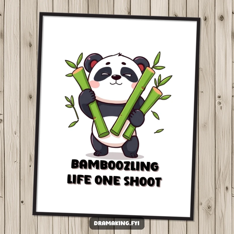 Funny Free Printable Panda Wall Art: A panda character with a theatrical wink, juggling three oversized bamboo shoots with concentration.