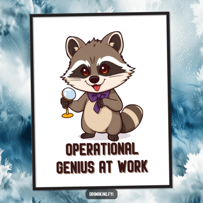 Funny Free Printable Wall Art: A raccoon with opera glasses makes a grand gesture, a theatrical and humorous art piece.