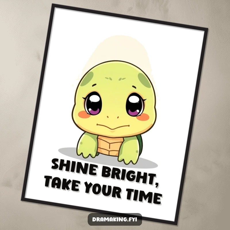 Funny Free Printable Wall Art: Shy turtle peeking out, spotlight focused on its wide, expressive eyes.