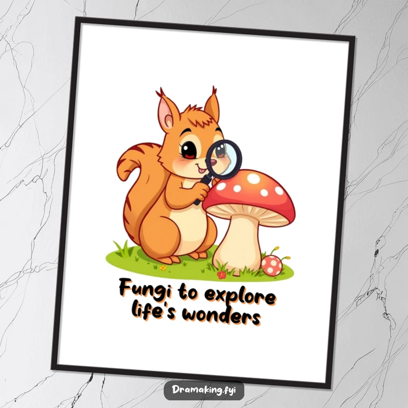Funny Free Printable Wall Art: Curious squirrel using a magnifying glass to examine a large, colorful mushroom, whimsical nature art.