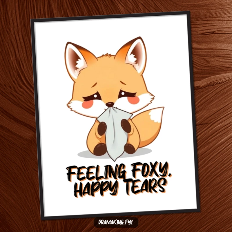 Funny Free Printable Wall Art: A small fox weeping dramatically into a tiny handkerchief, with exaggerated tear streaks.