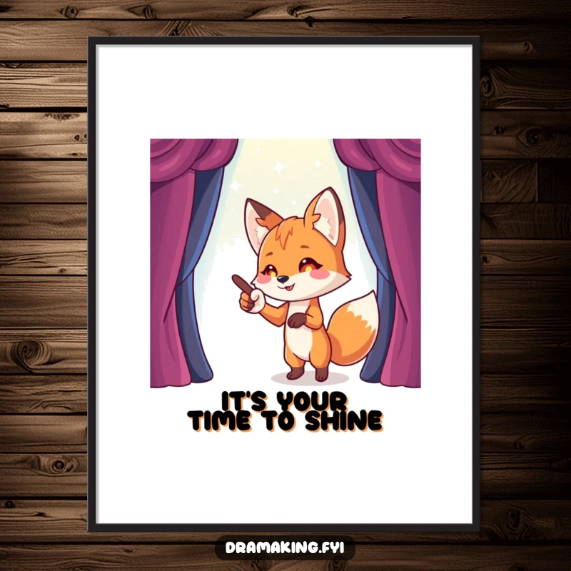 Funny Free Printable Wall Art: A playful fox points dramatically to a sparkling, imaginary stage, envisioning greatness.