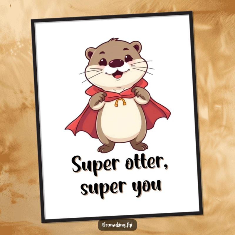 Funny Free Printable Wall Art: A cheerful otter with a cape strikes a flamboyant, confident superhero stance, radiating joy.