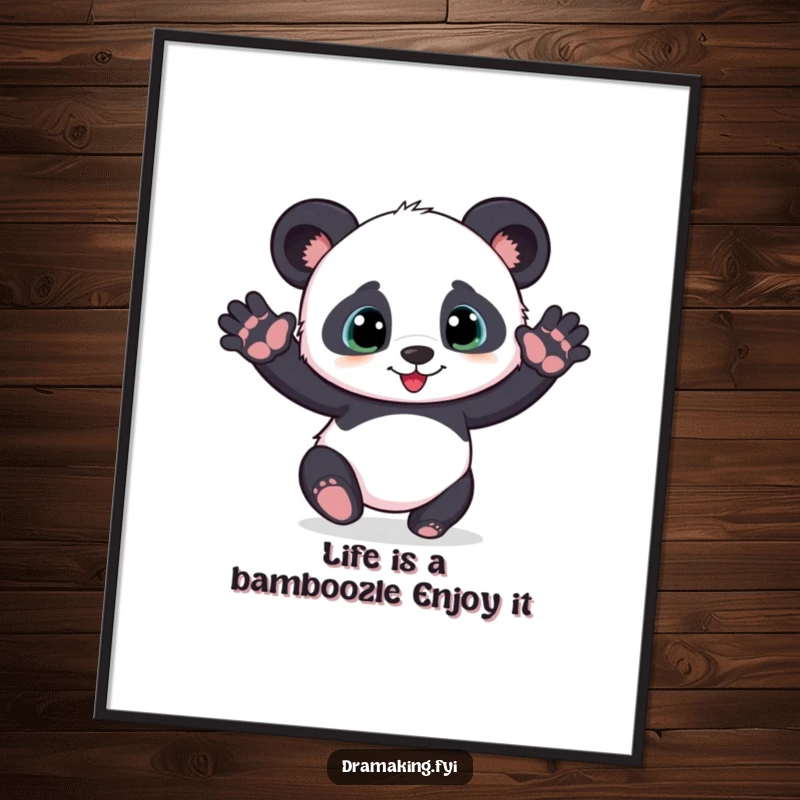 Funny Free Printable Wall Art of a playful panda cub striking a dramatic pose with outstretched paws.
