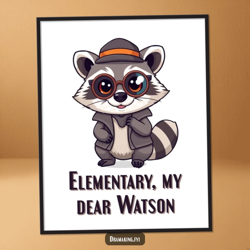 Funny Free Printable Wall Art of a mischievous raccoon character wearing a monocle and pretending to be a keen detective.
