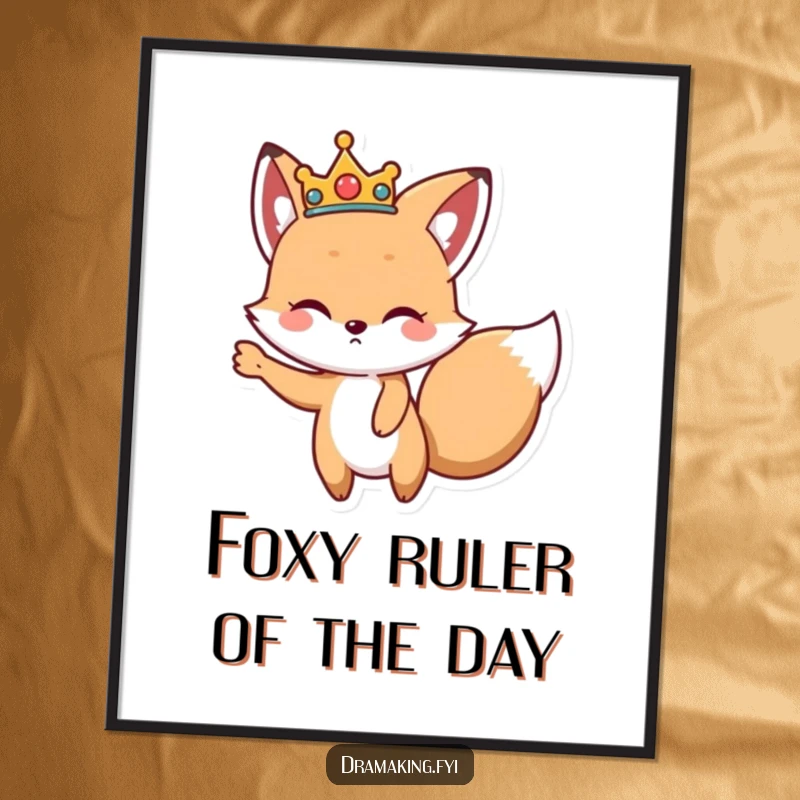 Funny Free Printable Wall Art: Cute fox wearing a crown strikes a dramatic pose, exuding majestic humor.