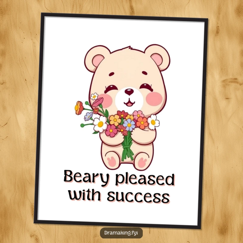 Funny Free Printable Wall Art: Small bear holding flowers looks incredibly pleased with itself, a humorous statement piece.