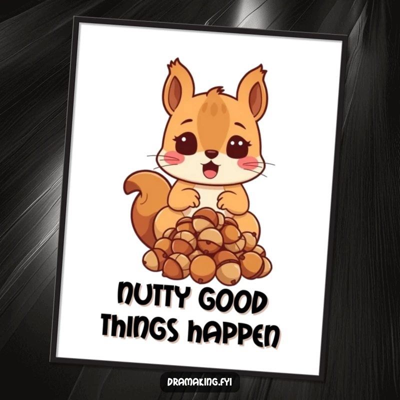 Funny Free Printable Wall Art: A squirrel with a shocked expression drops a pile of acorns, a comical scene.